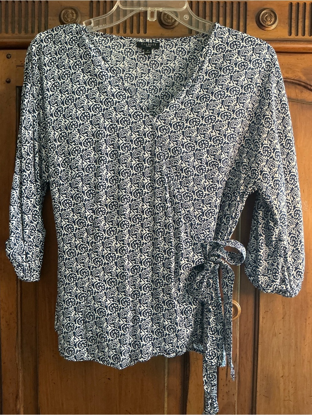 Talbots Navy and White Geometric Wrap Top